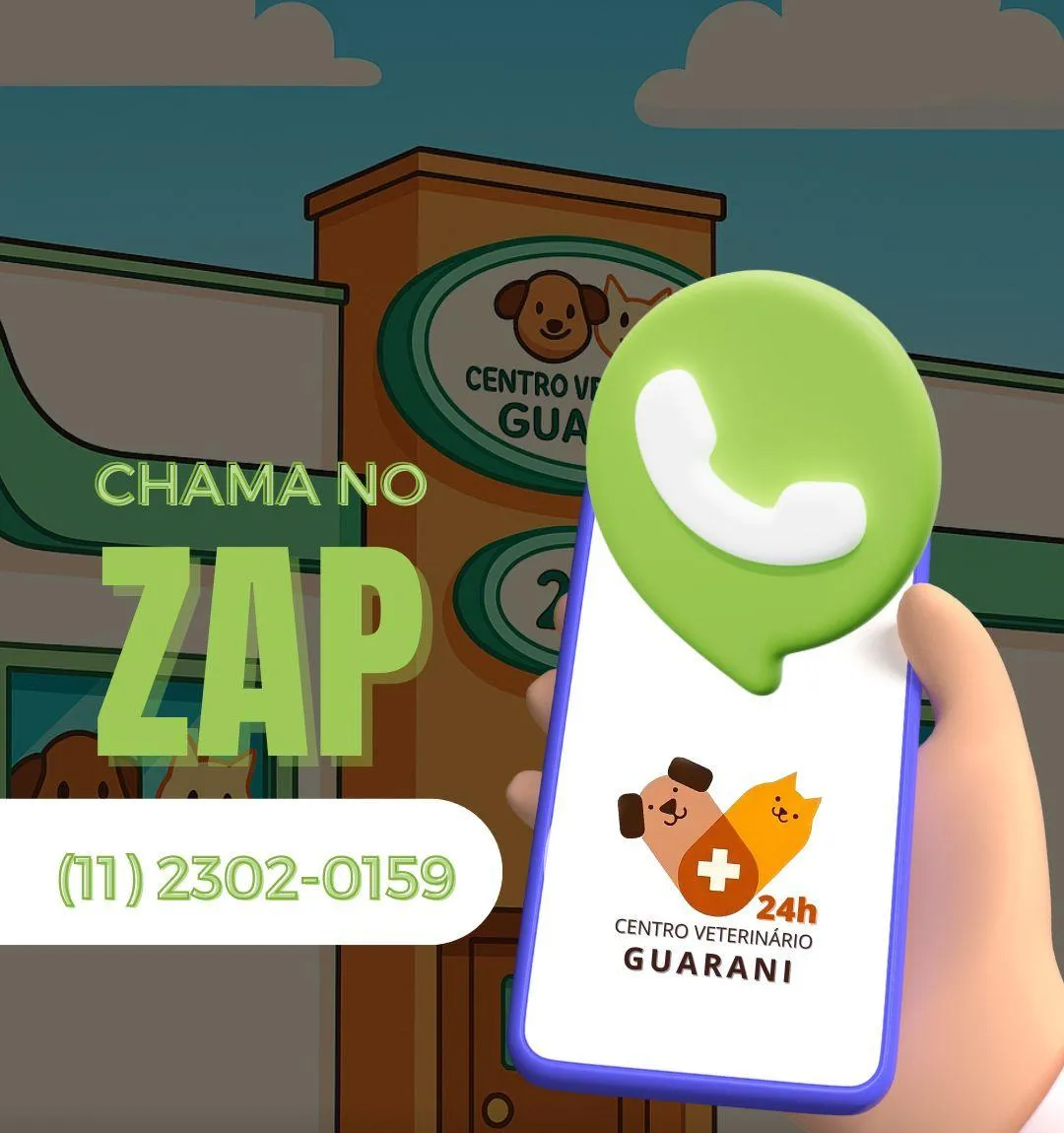 Arte “Chama no Zap” do Instagram da clínica, com o número (11) 2302-0159