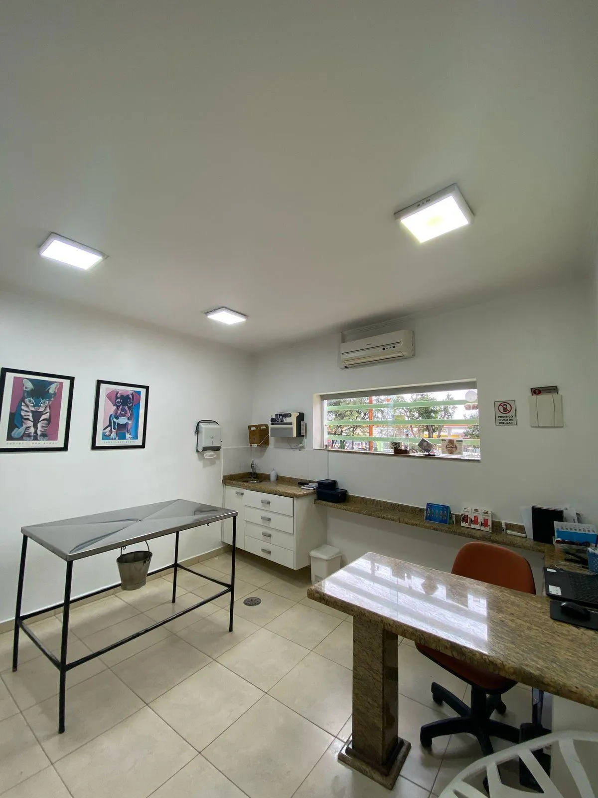 Consultório para cães da clínica, com mesa de atendimento em inox e quadros de pets na parede
