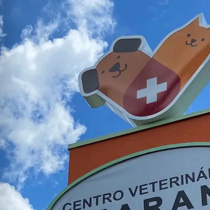Logo da clínica no alto da fachada, contra o céu azul