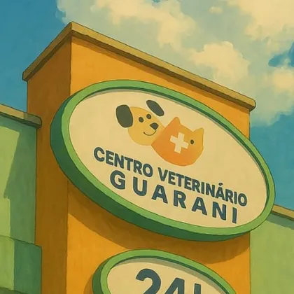 Ilustração da fachada laranja e verde da clínica